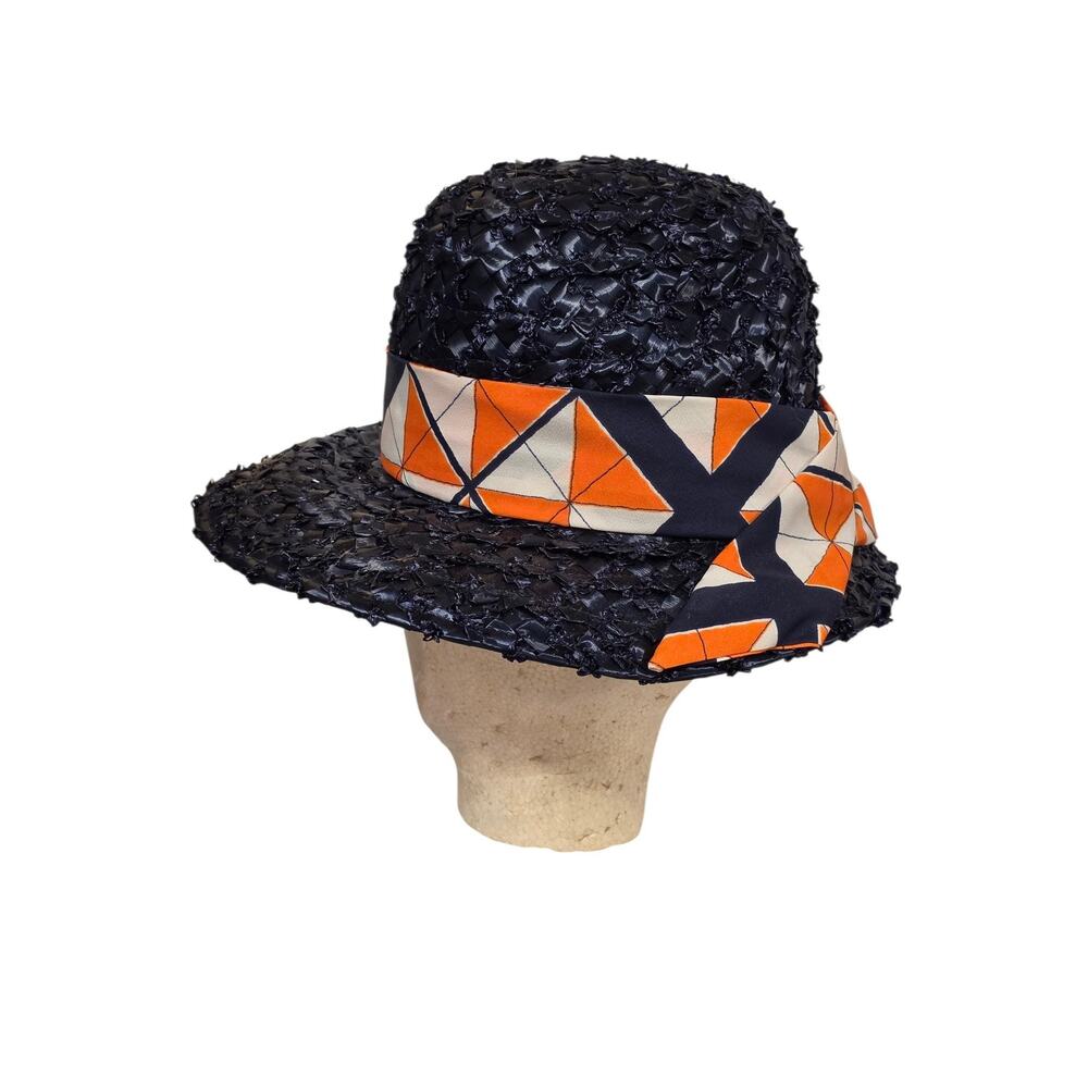 Vintage Black Woven Straw or Cellophane Bucket Hat w Orange & White Ribbon.